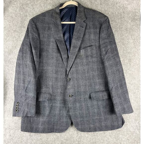 Joseph Abboud Indigo Blue Blazer Sport Coat Men 48R Plaid Wool Linen 2 Button - Picture 1 of 16
